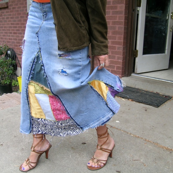 Handmade 70s style denim patchwork skirts, coats